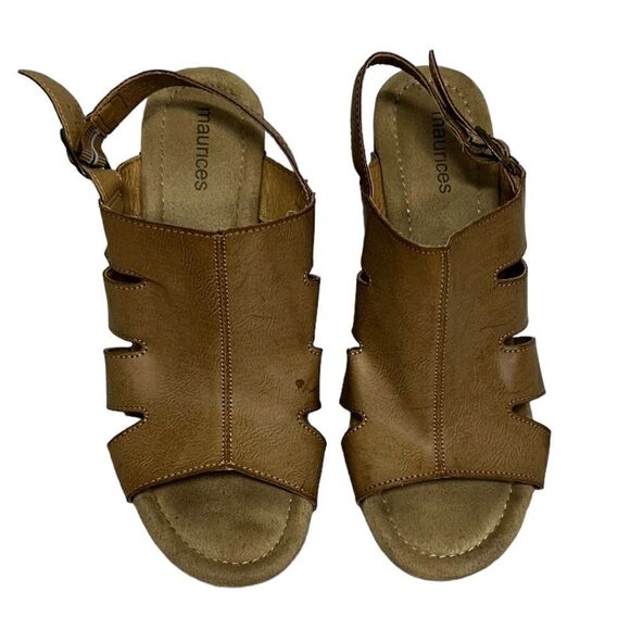 Maurice’s Eden Tan Faux Leather Open Toe Block Heels Sandals 7.5 Cutout Vegan - Picture 3 of 10